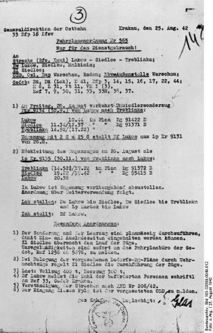 A Lukowból Treblinkába induló „kitelepítetteket szállító különleges szerelvény” (Umsiedlersonderzug) menetlevele. 1942. augusztus 25.